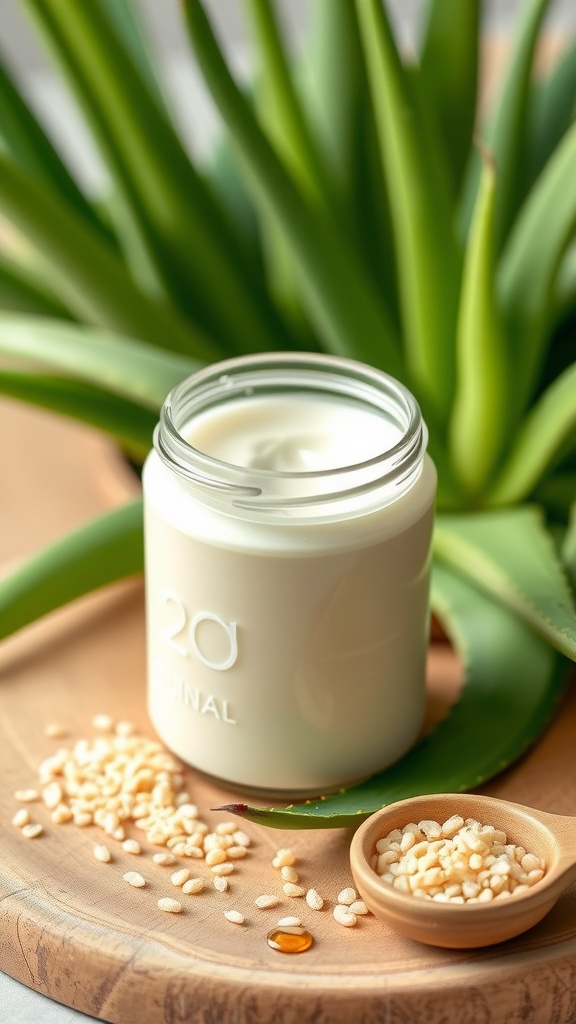 A jar of hydrating quinoa moisturizer with aloe vera leaves and cooked quinoa on a wooden surface.